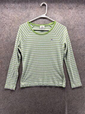 Lacoste Shirt Womens 42 Green Stripe Crew Neck Long Sleeve Raglan Jersey Top